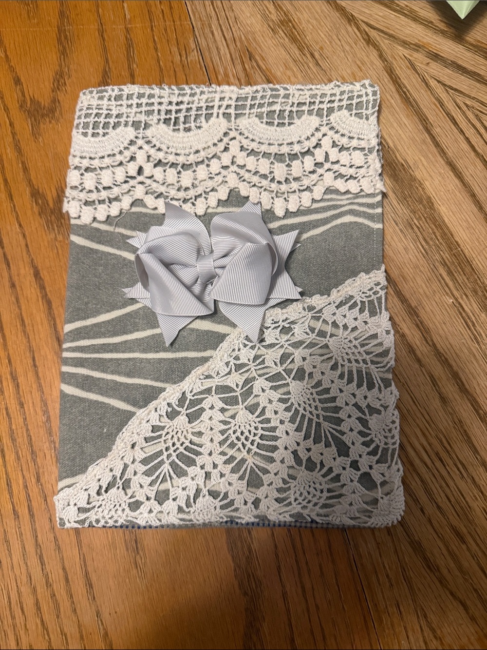 Quince Gray and White Crochet Lace Decorative Bible Cover with Rosette Detail